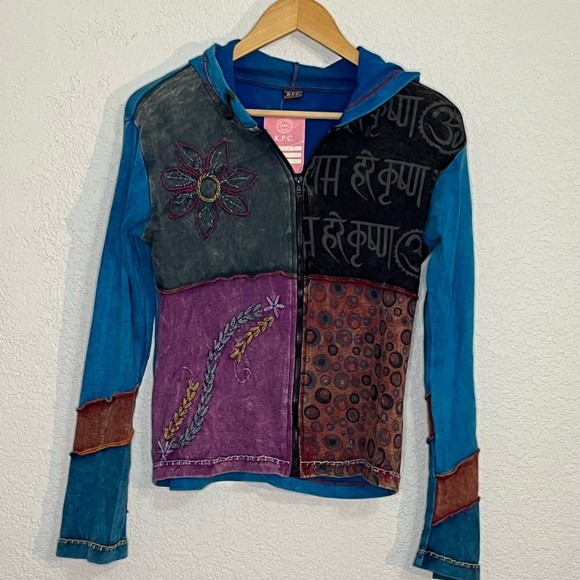 NWT Fairycore patchwork mixed pattern zip up hooded jacket Artsy Art to wear - Picture 1 of 5